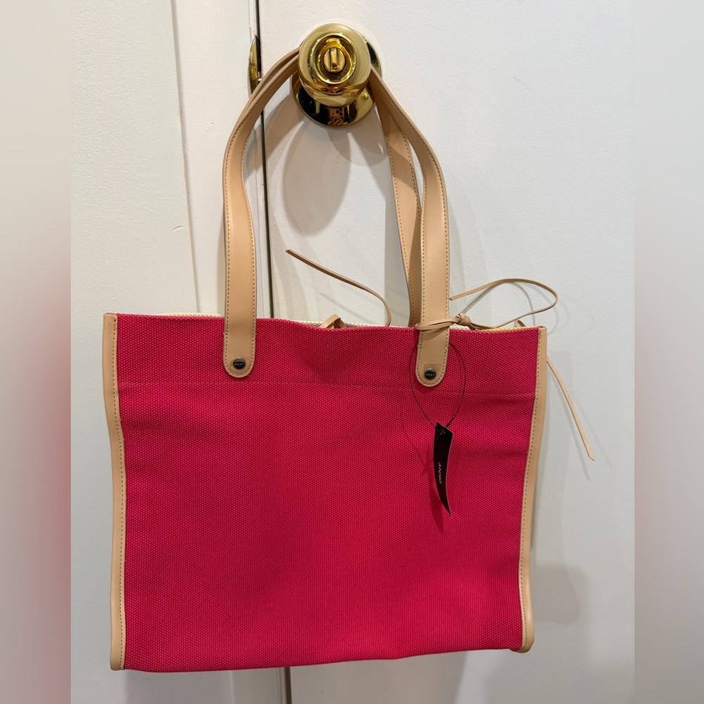 DKNY Canvas Tote Bag in Bright Pink/beige/green with Tan Trim